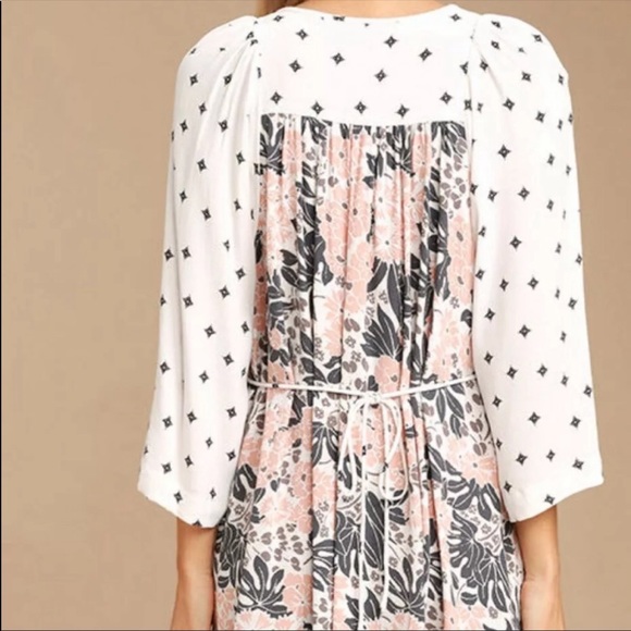 FREE PEOPLE floral dress white pink black pocket v-neck waist tie - Picture 3 of 5